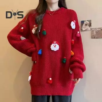 Женский рождественский свитер с рождественской шапкой Санта-Клауса, свободный крой, трикотажные топы с круглым вырезом и длинным рукавом, осенне-зимний свитер S красный