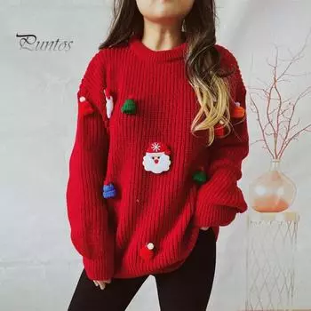 Женский рождественский свитер с рождественской шапкой Санта-Клауса, свободный крой, трикотажные топы с круглым вырезом и длинным рукавом, осенне-зимний свитер S красный