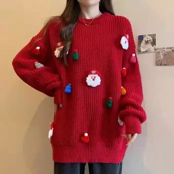 Женский рождественский свитер с рождественской шапкой Санта-Клауса, свободный крой, трикотажные топы с круглым вырезом и длинным рукавом, осенне-зимний свитер S красный