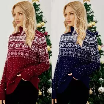 Женский рождественский свитер с высоким воротником и длинным рукавом, жаккардовый принт со снежинками, вязаные топы, свободный трикотаж S темно-синий