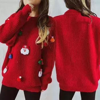 Женский рождественский свитер Санта-Клаус Рождественская шапка Декор Свободный крой Вязание Топы Круглый S красный