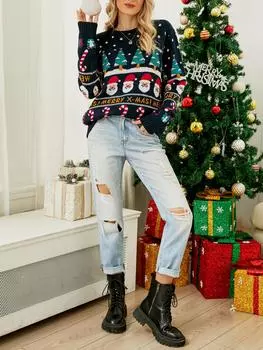 Женский рождественский свитер X-MAS Tree с длинным рукавом и круглым вырезом, повседневные пуловеры XL темно-синий