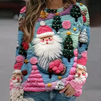 Женский рождественский топ с круглым вырезом и длинными рукавами, красочный 3D снеговик, свободный пуловер с принтом Санта-Клауса, теплая толстовка в новогоднем стиле M светло-зеленый