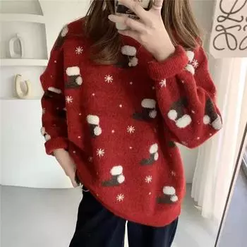 Женский рождественский вязаный свитер с круглым вырезом в корейском стиле, шикарные топы с принтом, свободная повседневная удобная женская одежда one size fits all красный