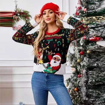 Женский рождественский жаккардовый вязаный свитер с изображением Санта-Клауса и лося, осенне-зимний пуловер Spell Color S чёрный