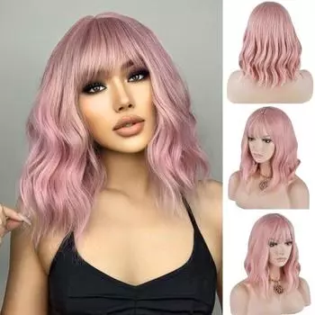 Женский розовый кудрявый парик с челкой, натуральный вид, высокотемпературное волокно, косплей, вечеринка, волнистые синтетические волосы длиной до плеч розовый