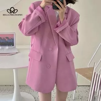 Женский розовый повседневный однотонный весенний пиджак, новая свободная куртка с зубчатым воротником и длинными рукавами, модная осенняя мода S чёрный