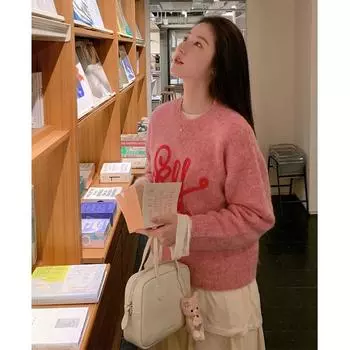 Женский розовый свитер с надписью из смесовой шерсти 2024: Новый свободный теплый трикотажный топ осень/зима Small розы красного