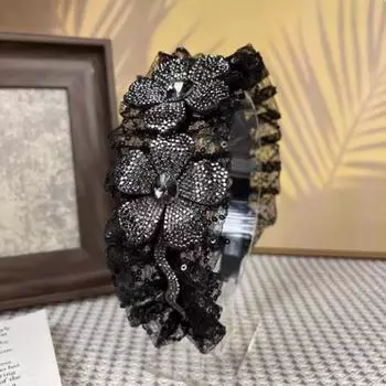 Женский ручной работы черный роскошный сетчатый ободок для волос с цветком, модный, со стразами, элегантная заколка для волос для вечеринки, новый головной убор
