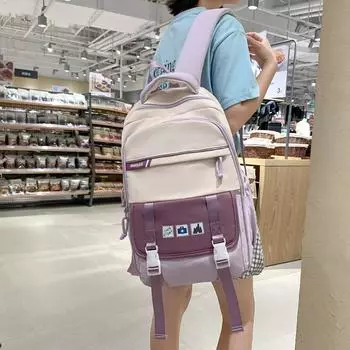 Женский рюкзак большой емкости из нейлона, студенческий рюкзак, школьная сумка в стиле кампуса с цветными блоками оранжевый