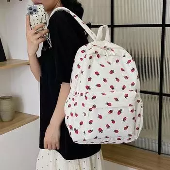 Женский рюкзак большой емкости с принтом клубники, большой грузоподъемностью, сумка-зонтик для бутылки с водой, застежка-молния, износостойкая школьная сумка, дорожная сумка белый