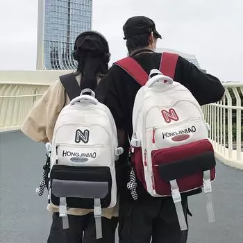Женский рюкзак большой вместимости для уменьшения позвоночника, студенческий школьный рюкзак с цветными блоками, мужской легкий рюкзак красный