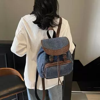 Женский рюкзак большой вместимости с цветными блоками для школьников синий