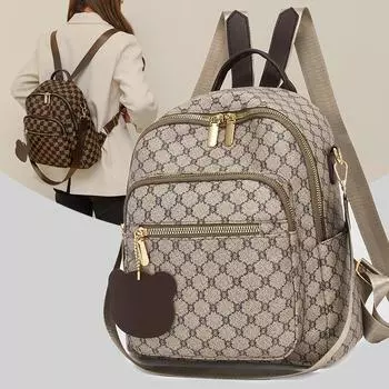 Женский рюкзак большой вместимости с принтом для поездок на работу, многофункциональная дорожная сумка из мягкой кожи 017-1-Khaki