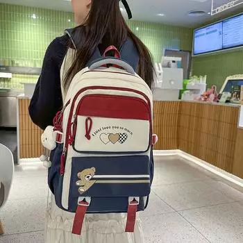 Женский рюкзак большой вместимости, школьная сумка в стиле колледжа, мужской рюкзак с цветными блоками темно-синий