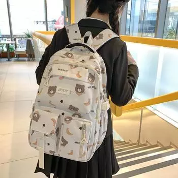 Женский рюкзак для школьников с рисунком медведя зелёный