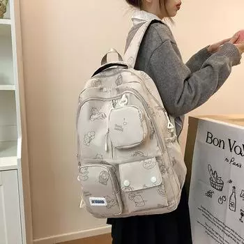 Женский рюкзак для студентов, большой емкости, с принтом, с кошельком для монет чёрный