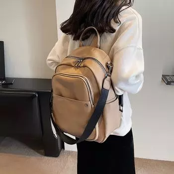 Женский рюкзак из мягкой кожи большой вместимости хаки