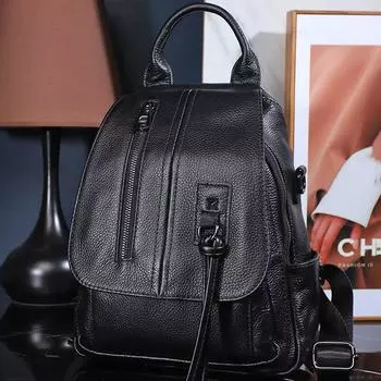 Женский рюкзак из натуральной кожи, мягкая воловья кожа, большая вместимость, сумка для мамы чёрный