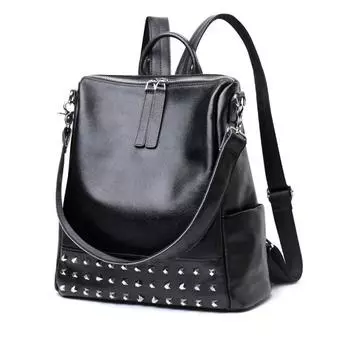 Женский рюкзак из натуральной кожи Женская сумка из натуральной кожи Индивидуальная сумка из коровьей кожи с заклепками Рюкзак Everything чёрный