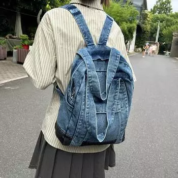 Женский рюкзак контрастного цвета, джинсовая большая сумка, студенческая сумка на плечо темно-синий
