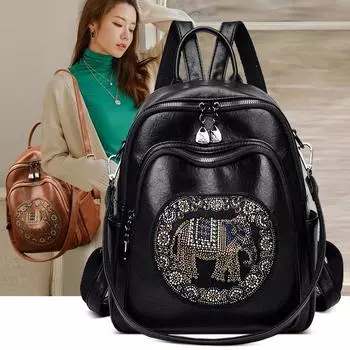 Женский рюкзак с бриллиантами большой емкости, мягкий кожаный рюкзак двойного назначения, дорожная сумка для женщин коричневый