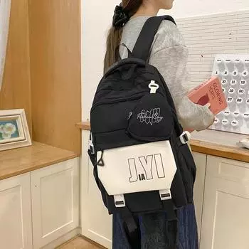 Женский рюкзак с цветными блоками, большой вместимости, школьная сумка для школьников с кошельком для монет хаки