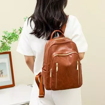 Женский рюкзак с несколькими молниями, новый, большой емкости, повседневный, школьный рюкзак, однотонный, ретро, мягкий, кожаный женский рюкзак