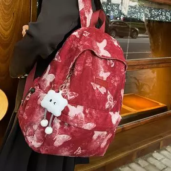 Женский рюкзак с принтом бабочек, вельветовая школьная сумка для школьников, большой вместимости, рюкзак для занятий хаки