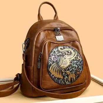 Женский рюкзак с вышивкой, многоцелевой кожаный рюкзак, школьный рюкзак для студентов коричневый