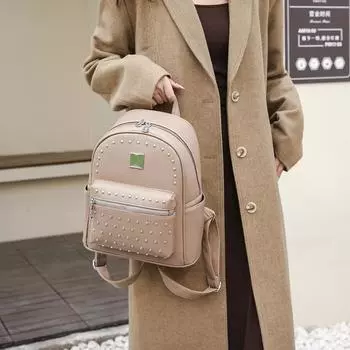 Женский рюкзак с заклепками, кожаная женская однотонная дорожная сумка хаки