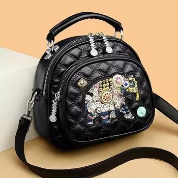 Женский рюкзак с заклепками в этническом стиле, модная мягкая женская маленькая сумочка из искусственной кожи, ниша с ромбовидной сеткой, фурнитура на молнии, сумка на одно плечо, сумка через плечо чёрный