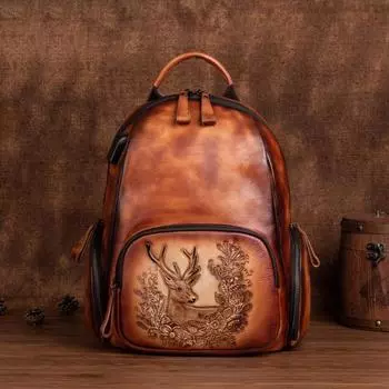 Женский рюкзак в стиле ретро из натуральной кожи, классическая сумка из коровьей кожи растительного дубления с принтом