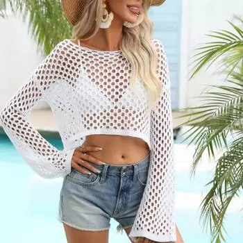 Женский рыболовный сетчатый свитер с открытыми расклешенными рукавами, свободная вязка, закрывающая спину S белый