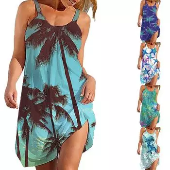 Женский сарафан без рукавов с цветочным принтом, женские летние пляжные свободные повседневные мини-платья AM