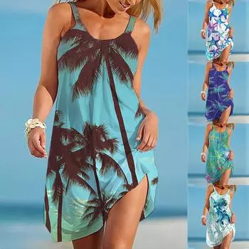 Женский сарафан без рукавов с цветочным принтом, женские летние пляжные свободные повседневные мини-платья AM