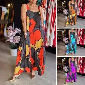 Женский сарафан больших размеров без рукавов трапециевидной формы с цветным принтом и боковыми карманами, большой подол длиной до щиколотки, пляжное платье макси для отпуска M фиолетовый