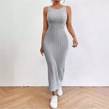 Женский сарафан с открытой спиной, облегающий, без рукавов, однотонный, эластичный, полосатый, облегающий, с тонкой талией, с круглым вырезом, трикотажное макси-платье, длинное платье для отпуска S чёрный