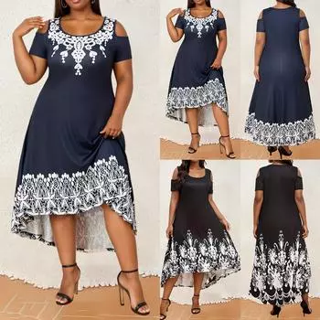 Женский сарафан с открытыми плечами и принтом в стиле бохо, женское платье с коротким рукавом для вечеринки, праздника, макси, черный, синий 2XL чёрный