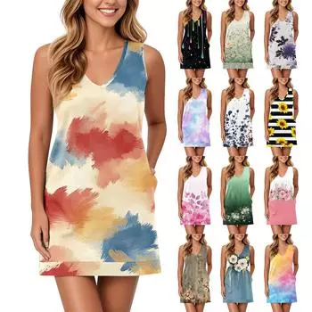 Женский сарафан с V-образным вырезом, без рукавов, повседневное платье с цветочным принтом и карманами M зелёный