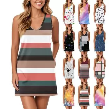 Женский сарафан с V-образным вырезом, без рукавов, повседневное платье с геометрическим принтом и карманами M