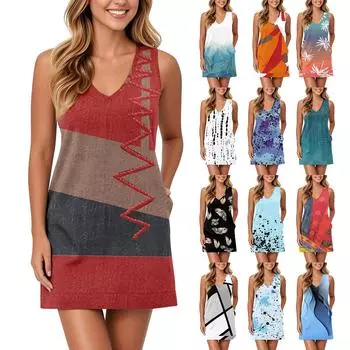 Женский сарафан с V-образным вырезом, без рукавов, повседневное платье с цветочным принтом и карманами M чёрный