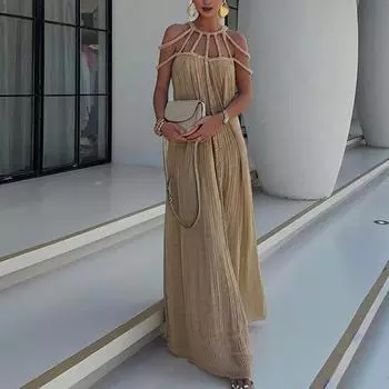 Женский сарафан с вырезом без рукавов, однотонный, с открытыми плечами, с бретелькой на шее, плиссированный, с мягким плетеным ремешком, свободное прямое пляжное платье макси для отпуска белый