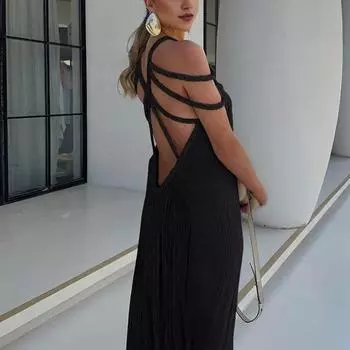 Женский сарафан с вырезом без рукавов, однотонный, с открытыми плечами, с бретелькой на шее, плиссированный, с мягким плетеным ремешком, свободное прямое пляжное платье макси для отпуска белый