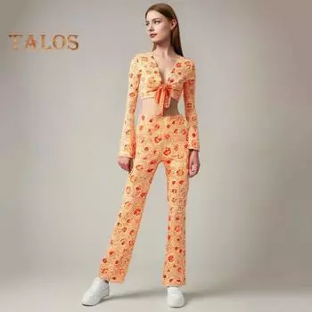 Женский сценический костюм из 3 предметов, с V-образным вырезом, на шнуровке, с длинными рукавами, укороченный топ, высокая талия, расклешенные брюки, повязка на голову с принтом, ретро-дискотека XL зелёный