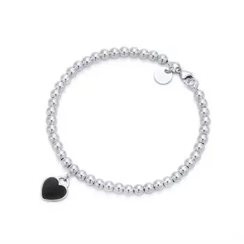Женский серебряный браслет 925 пробы;Популярный мини-браслет с подвеской в форме сердца 4 мм, браслет из бисера, романтическая пара, ювелирный подарок на день рождения 21cm чёрный