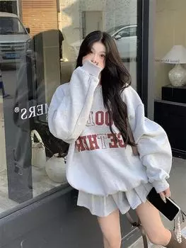 Женский серый двухкомпонентный купальник в американском стиле: Свитер с буквенным принтом и плиссированная юбка А-силуэта с высокой талией для осени/зимы. L