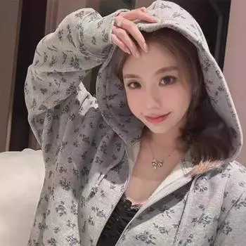 Женский серый кардиган с цветочным принтом и капюшоном — весна/осень 2024 г., свободный облегающий крой, объемная толстовка на молнии. светло-серый