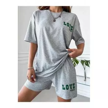 Женский серый комплект шорт оверсайз с принтом Love Yourself