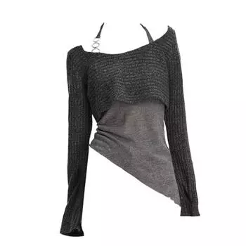 Женский серый пуловер, вязаный свитер, винтажный Harajuku, модный элегантный повседневный свитер с длинными рукавами 2000-х, топ, одежда 90-х, осень S серый